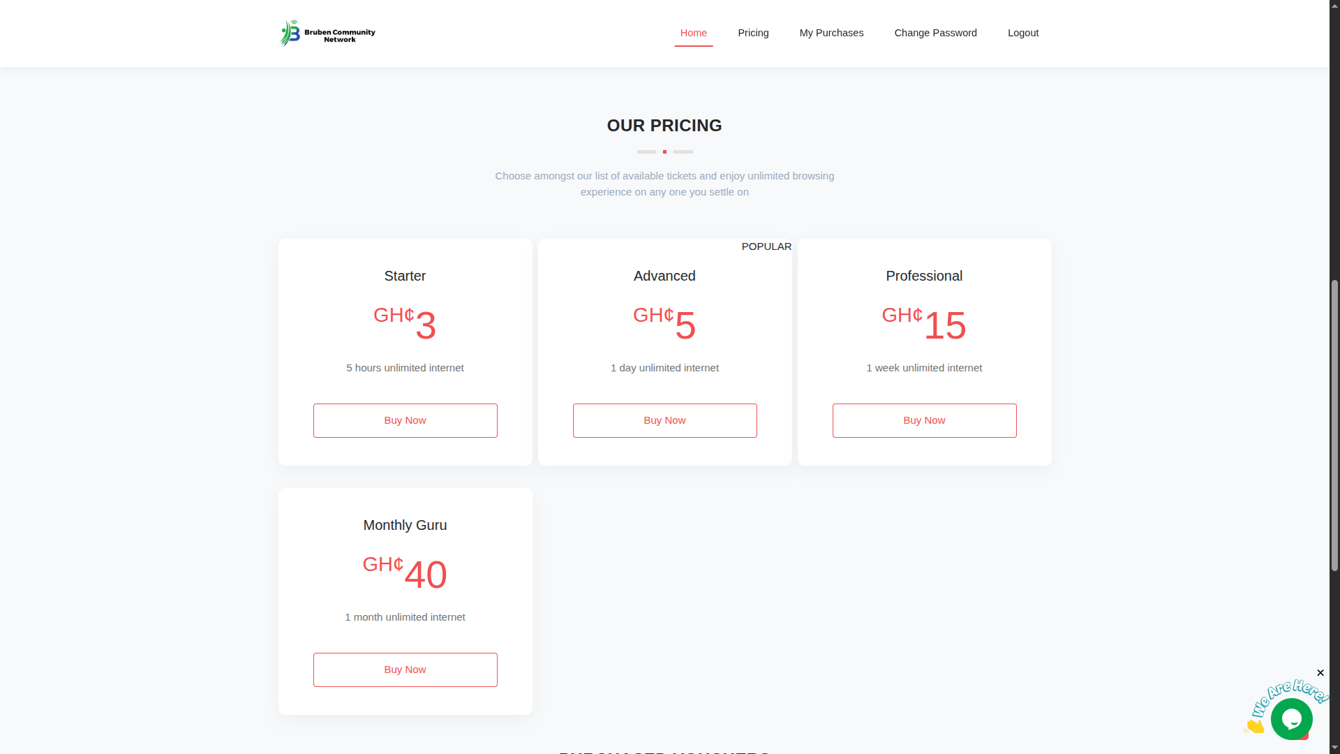 Bruben Community Network pricing page with hotspot bundles