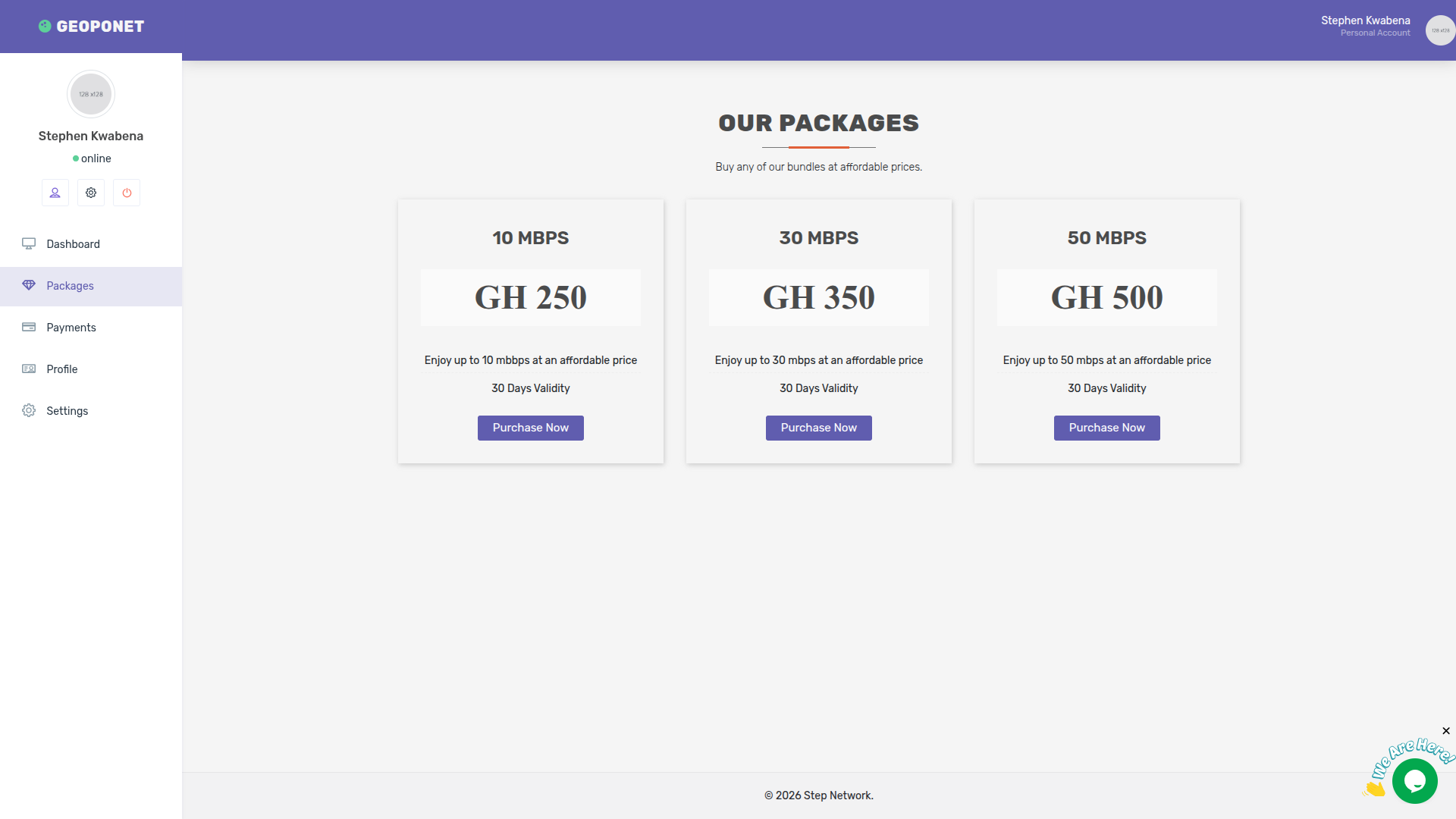 Geoponet customer packages and billing portal